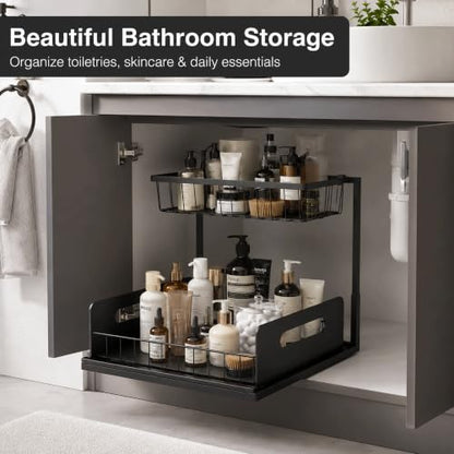 2-Tier Under Sink Organizer, Pull-Out Cabinet Storage Rack, Black, Adjustable Height 13.8 to 16.9 Inches