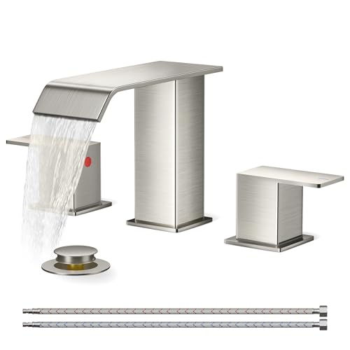 FORIOUS Bathroom Faucet 3 Hole 8" Widespread Sink Faucets Brushed Nickel | 3-hole 4-12 Inch Widespread Sink, Square Waterfall Spout, with Drain and Hoses,for Vanity Rv Commercial Lavatory Restroom - color: Stainless Steel