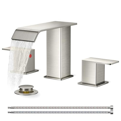 FORIOUS Bathroom Faucet 3 Hole 8" Widespread Sink Faucets Brushed Nickel | 3-hole 4-12 Inch Widespread Sink, Square Waterfall Spout, with Drain and Hoses,for Vanity Rv Commercial Lavatory Restroom - color: Stainless Steel