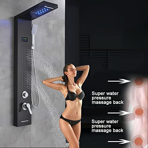 LED Light Shower Panel Tower Rainfall Waterfall Shower Head with Massager Jets Body System Jet Black B (Color : Black B) - color: Black B