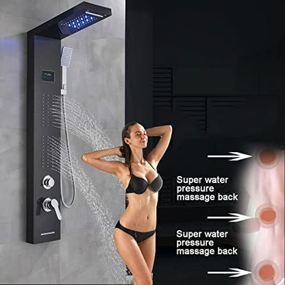 LED Light Shower Panel Tower Rainfall Waterfall Shower Head with Massager Jets Body System Jet Black B (Color : Black B) - color: Black B