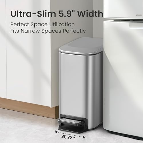 Cesun Small Bathroom Trash Can with Lid, 1.6 Gal, Soft Close, Sliver | Step pedal soft close, Slim 5.9in fits narrow spaces, Stainless steel, Anti-fingerprint, Removable inner bucket, Odor seal - color: Silver