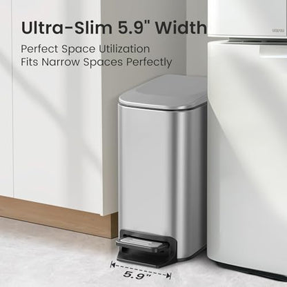 Cesun Small Bathroom Trash Can with Lid, 1.6 Gal, Soft Close, Sliver | Step pedal soft close, Slim 5.9in fits narrow spaces, Stainless steel, Anti-fingerprint, Removable inner bucket, Odor seal - color: Silver