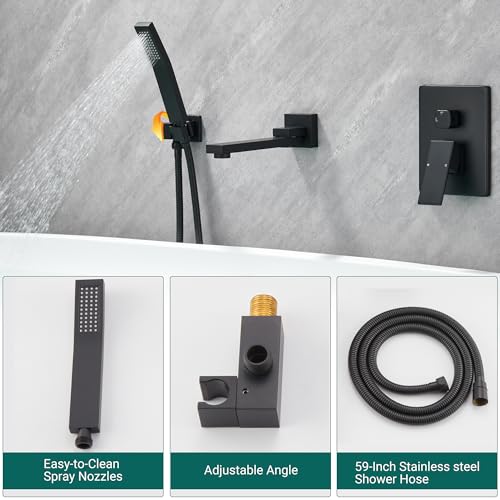 DASAN Swiveling Wall Mount Tub Filler Faucet Set with Hand Held Shower, Matte Black Modern Creative Bathtub Faucet Wall Mounted Bath Tub Faucet with High Flow Rough in Valve, SA-TF05WH-MB - color: Matte Black