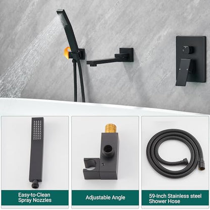 DASAN Swiveling Wall Mount Tub Filler Faucet Set with Hand Held Shower, Matte Black Modern Creative Bathtub Faucet Wall Mounted Bath Tub Faucet with High Flow Rough in Valve, SA-TF05WH-MB - color: Matte Black