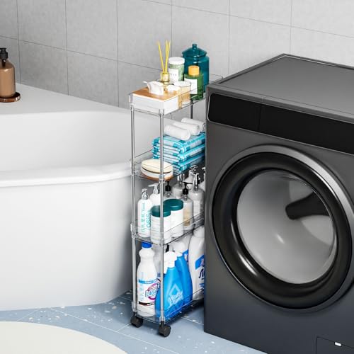 Yieach Clear 4 Tier Slim Rolling Storage Cart with Wheels,6.3″W Thin Shelf,Bathroom Storage Cabinet,Skinny Laundry Cart,Narrow Laundry Room Cart Between Washer and Dryer,Skinny Shelves for Small Space - style: 4 Tier