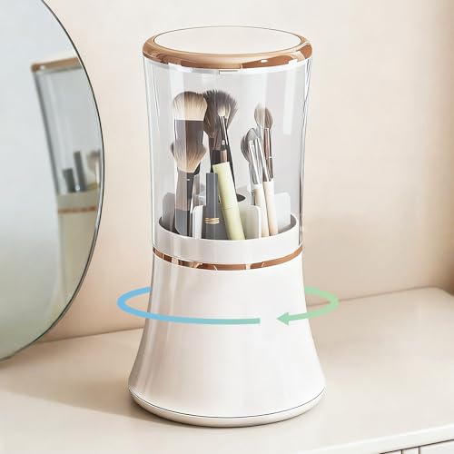Makeup Brush Holder with Lid Cosmetic Tools Organizer 360 Rotating Waterproof Dustproof Make Up Brushes Storage for Vanity Bathroom Countertop - color: White slender