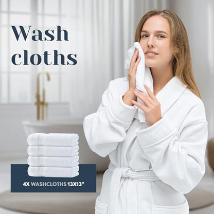 Luxury White Bath Towel Set of 8 Pieces - 100% Turkish Cotton 700 GSM Highly Absorbent Towels for Bathroom, 2 Bath Towels, 2 Hand Towels, 4 Washcloths - color: 01: White
