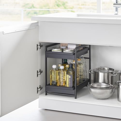 Yamazaki Home Under-Sink Rack, Two-Tier with Pull-Out Shelf, Steel, Black | Versatile under-sink rack features a two-tier organization system with sliding drawers. Adds practical everyday storage. - color: Black