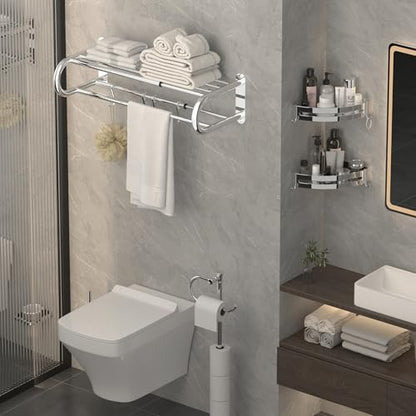 Adjustable Bathroom Towel Rack with Shelf, Towel Bar, Chrome | 15-25 Inch Lavatory Double Towel Bar, Hotel Style Rod with 4 Hooks, Multifunction Towel Holder Wall Mount, Stainless Steel - color: Chrome