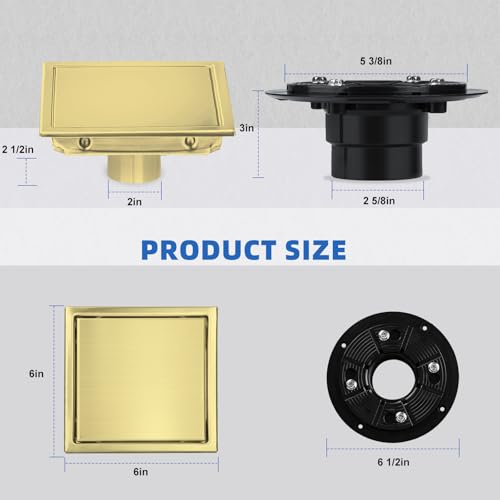 Gold Shower Floor Drain 6 inch with Flange, Square Shower Drain with 2 in 1 Tile-Insert Cover, SUS 304 Stainless Steel, Brushed Gold - color: Brushed Gold, size: Ultra flat surface
