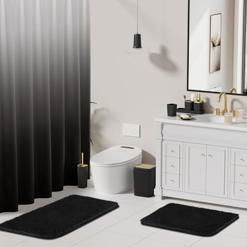 XLHOMO Bathroom Set - Black Bathroom Accessories Set, Bathroom Sets with Shower Curtain and Rugs, 24PC Shower Curtain Set with Hooks, Soap Dispenser, Soap Dish, Toilet Brush Holder and Trash Can - color: Gold and Black, size: Bathroom Set+Shower Curtain+B