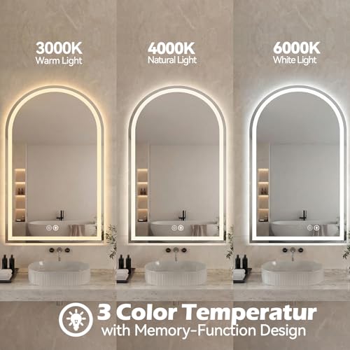 Sweetcrispy 24x 36 Inch Arched LED Bathroom Backlit Mirror with Lights | Vanity Wall Mirrors with Anti-Fog, Dimmable, 3-Color Light, Memory Function, Tempered Glass