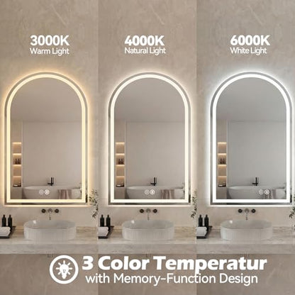 Sweetcrispy 24x 36 Inch Arched LED Bathroom Backlit Mirror with Lights | Vanity Wall Mirrors with Anti-Fog, Dimmable, 3-Color Light, Memory Function, Tempered Glass