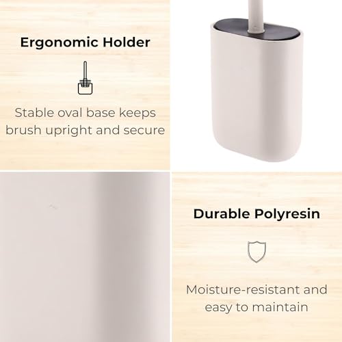 Oval Toilet Brush & Holder Set, Steel Handle, Deep Clean, Polyresin, Beige | Compact, Toilet cleaning, Daily hygiene, Guest bathroom, Small spaces, Hygienic Discreet Holder, Easy to Clean, Sturdy Build - color: Beige