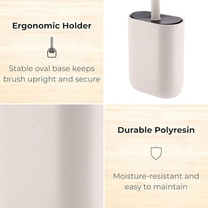 Oval Toilet Brush & Holder Set, Steel Handle, Deep Clean, Polyresin, Beige | Compact, Toilet cleaning, Daily hygiene, Guest bathroom, Small spaces, Hygienic Discreet Holder, Easy to Clean, Sturdy Build - color: Beige