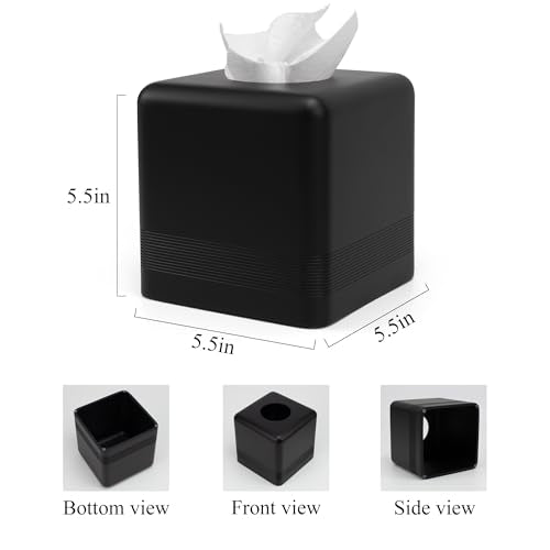 Resin Tissue Box Cover, Modern Square Holder, Black | Black resin tissue box cover with modern square design and silicone feet for bathroom vanity, office desk, and living room - color: Black
