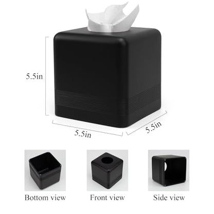 Resin Tissue Box Cover, Modern Square Holder, Black | Black resin tissue box cover with modern square design and silicone feet for bathroom vanity, office desk, and living room - color: Black