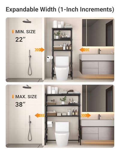 Over The Toilet Storage Rack with Expandable 3-Tier Adjustable Height & Width (22"-38") Bathroom Organizer Shelves Space Saver Above Toilet Over Washer and Dryer Shelf for Laundry Room