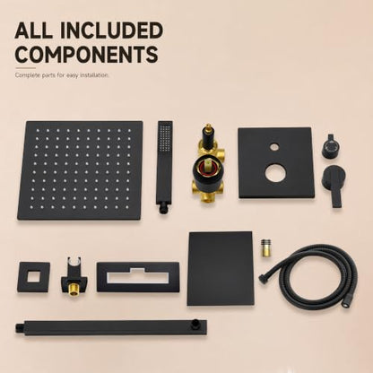 Shower System with Tub Spout, All Metal Black Bathtub Shower Faucet Set with High Pressure 10 Inch Rain Shower Head and Handheld Shower Head Set, Matte Black (Valve Include） - color: Matte Black