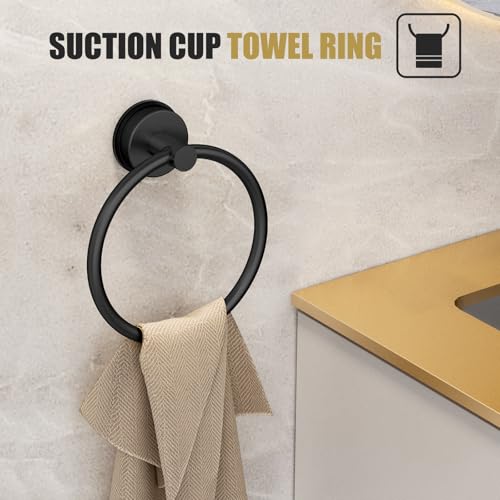 BKV Suction Cup Towel Ring,Hand Towel Holder for Bathroom,Stainless Steel Heavy Duty Round Towel Hanger for Bath,Kitchen-Matte Black - color: Black