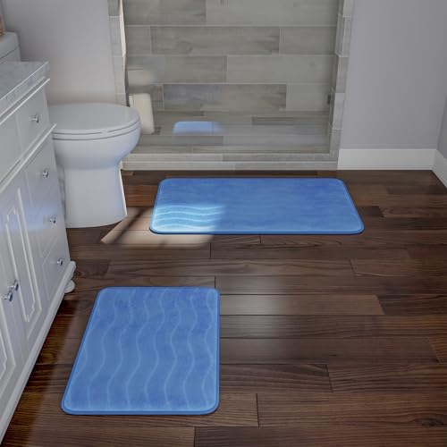 Lavish Home Bathroom Rug Set- 2-Piece Memory Foam Bath Mats- Wavy Microfiber Top-Non-Slip Absorbent Runner for Shower, Tub, Sink, or Kitchen (Blue) - color: Blue
