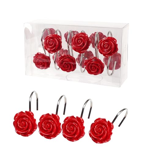 Twofish Home Red Rose Flower Shower Curtain Hooks Anti Rust Shower Curtain Hooks Decorative Resin Red Rose Flower Shower Curtain Rings Set of 12 - color: Red Rose