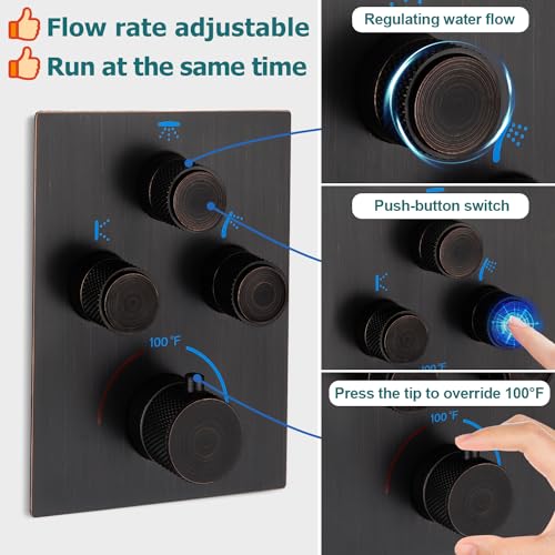 Thermostatic Shower System with Body Jets, Wall Mounted 12 Inch Rain Shower Head with Handheld Spray and 4 Body Jets Set, Push Button Thermostatic Shower Brass Valve, Oil Rubbed Bronze - color: Oil Rubbed Bronze, style: 12inch+4 body jets