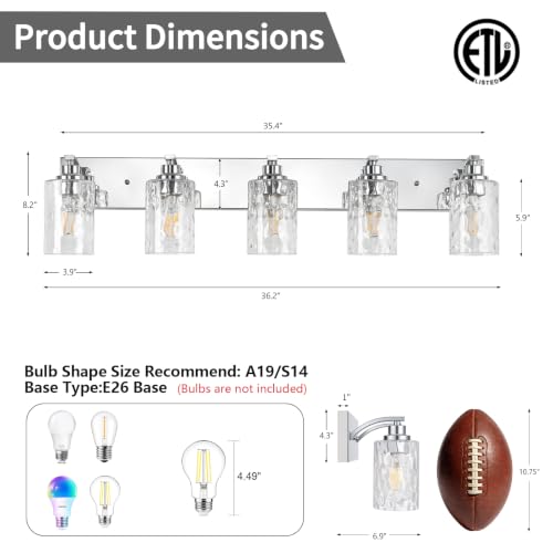 5-Light Bathroom Light Fixtures Modern Chrome Vanity Lights | Easy to Install Clear Hammered Glass Shades, Rippled Glow, Wall Mount Up or Down, E26 Socket, Hardwired, 120V - color: Chrome Hammer, size: 5 Lights