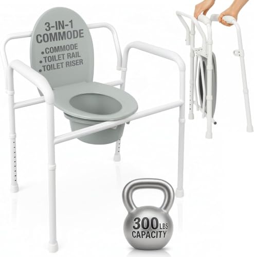 Vive Bedside Commode Toilet Chair (Folding) - 350 lb Capacity, Safety Rail, Shower Chair - 3 in 1 Heavy Duty Bariatric Bucket with Padded Arms, Tight Lid – Portable Seat for Home - Steel
