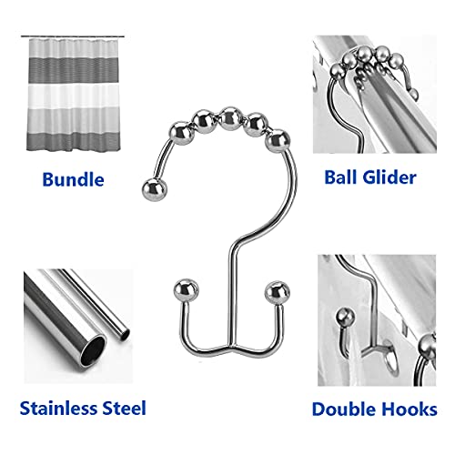 Shower Curtain Hooks Rings, Stainless Steel Double Glide Rollers Shower Curtain Rods Hooks for Bathroom, Set of 12 Hooks - Chrome - color: Chrome, size: 12 Pcs