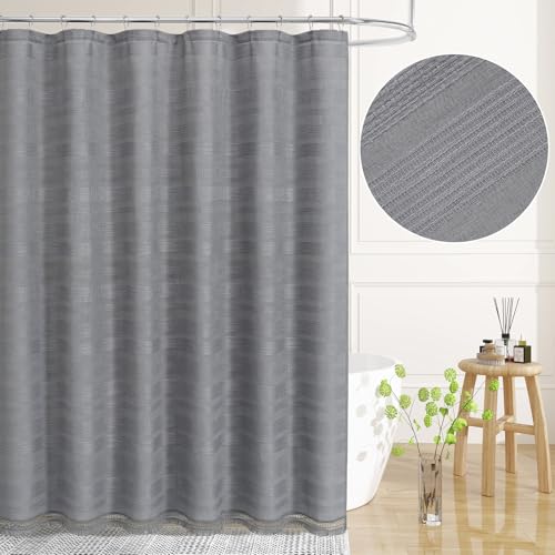 Extra Long Boho Farmhouse Shower Curtain with Tassel, Linen Bohemian French Country Chic Bathroom Shower Curtain Set, Modern Striped Textured Shower Curtain 72x84 - Light Grey - color: Lightgrey, size: 72"W x 84"L (Pack of 1)
