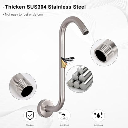 S Shaped Shower Arm, High Rise Shower Head Extension Pipe Standard 1/2" Connection with Flange, Awesome Shower Experience-Stainless Steel Bathroom Accessory(12 Inch S Shape, Brushed Nickel) - color: Brushed Nickel, style: 12" S Shape