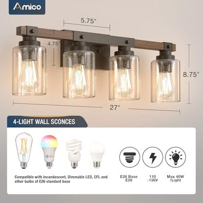 Amico 4-Light Farmhouse Bathroom Vanity Light, Seeded Glass, Black & Wood | Bubble Glass Shade Wall Sconce, Over Mirror Lighting for Bathroom, Bedroom, Living Room, Hallway, Powder Room, Entryway - size: 4-Light