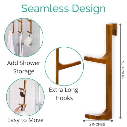 TERRA HOME Towel Hooks for Shower Glass Door - Natural Wood, Heavy Duty, Moisture Proof, Large Hooks - Shower Door Towel Hook - No Drill Bathroom Organizer