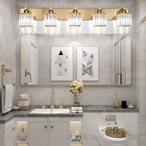 Aipsun Bathroom Vanity Lights Fixtures Crystal Vanity Light 5 Light Modern Brass Bathroom Lighting Fixtures (Exclude Bulb) - color: Gold, size: 40 inch