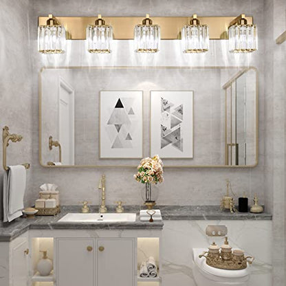 Aipsun Bathroom Vanity Lights Fixtures Crystal Vanity Light 5 Light Modern Brass Bathroom Lighting Fixtures (Exclude Bulb) - color: Gold, size: 40 inch