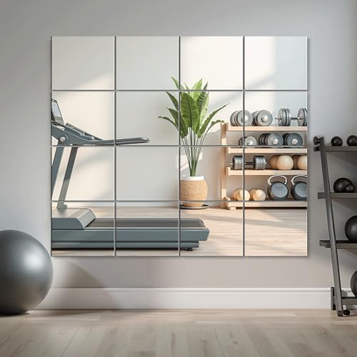 Home Gym Mirror Tiles, 14'' x 12'' Glass Frameless Mirror | 16 PCS, For Home Gym, Bedroom, Door, Bathroom - size: 14''x12''-16PCS