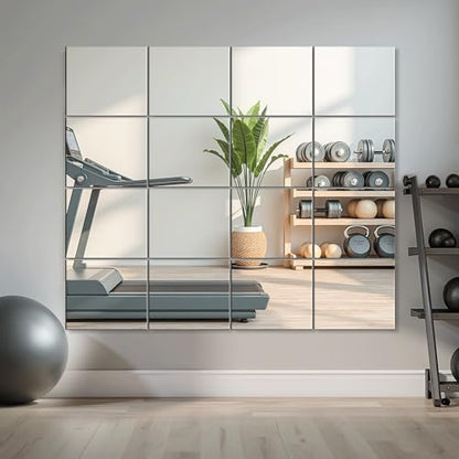 Home Gym Mirror Tiles, 14'' x 12'' Glass Frameless Mirror | 16 PCS, For Home Gym, Bedroom, Door, Bathroom - size: 14''x12''-16PCS