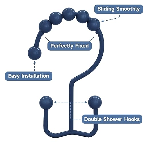 Titanker Shower Curtain Hooks Rings, Rust-Resistant Metal Double Glide Shower Hooks for Bathroom Shower Rods Curtains, Set of 12 Hooks - Navy Blue - color: Navy Blue, style: Modern
