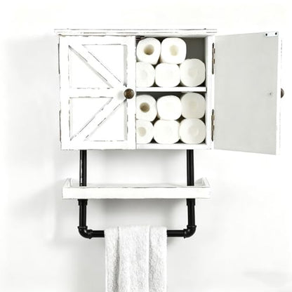 23.1x16.9'' Bathroom Wall Cabinet with Adjustable wall Shelf and Towel Bar Double Doors Medicine Cabinet Wall Mounted with Hanging Bar, Rustic Wood Storage Kitchen (Rustic White) - color: Rustic White
