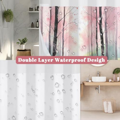 No Hook Woodland Shower Curtain with Snap in Liner, 71x74 Inch | Mesh Top & Double Layer Waterproof Bath Curtain, Whimsical Pink Blossom Trees & Wildflower Meadow Design for Girls Bathroom - color: Trees and Wildflowers