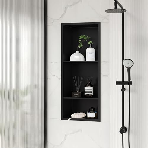 Qeke Stainless Steel Shower Niche 12" X 29", 3-Tiers Wall Niche, Black | No tile Needed, Recessed Niche for Bathroom Storage,Waterproof & Space Saving, Over Mount Installation - color: Matte Black, size: 12" × 29"