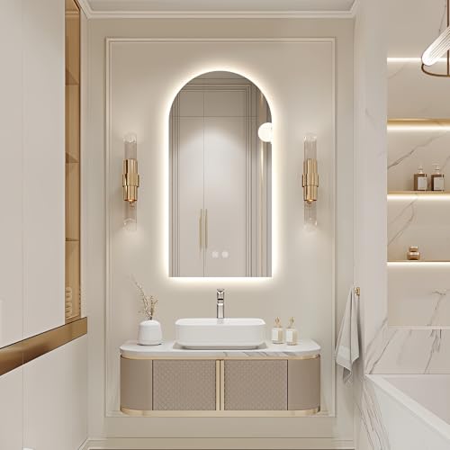 Niccy Arched LED Bathroom Mirrors, Frameless Backlit Vanity Mirror, 48"x24" | Wall Mounted Arch Mirror with Defogger & 3 Color Light, Explosion-Proof HD Glass, IP65 Waterproof for Bathroom - size: 48"L x 24"W