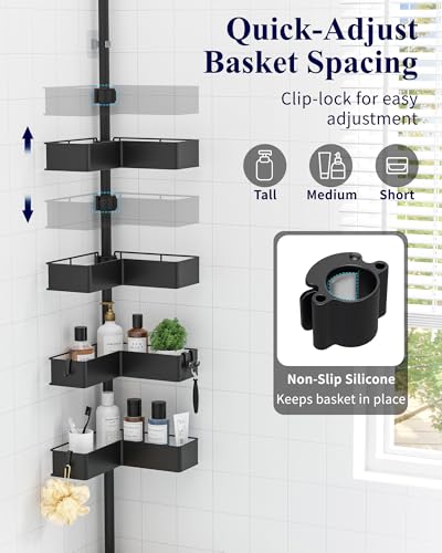 Kitsure Tension Pole Shower Caddy - Adjustable Corner Shower Shelf with Metal Baskets, Rust-Resistant Bathroom Shower Organizer, No-Drill Installation, (Adjustable Height: 34.2-114.1 in), W 7.5 in