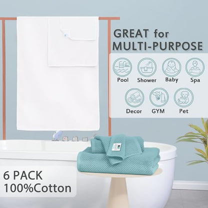 VOOVA & MOVAS 6PC Towel Set, 100% Cotton, Aqua Teal White | 2 Large Bath 30x56 In,2 Hand 18x28 In, 2 Washcloths 13x13 In, Soft, Quick Dry, Thick, Bathroom Essentials - color: Jack Frost + White Mixed, size: 6 PC Bathroom Towel Set