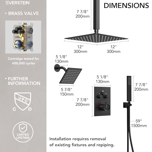 Ceiling Mount 12" High-Pressure Rainfall Shower Faucet, Dual Rainfall Shower Head System with Valve (Matte Black) - color: Black, style: Ceiling Mount