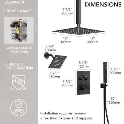 Ceiling Mount 12" High-Pressure Rainfall Shower Faucet, Dual Rainfall Shower Head System with Valve (Matte Black) - color: Black, style: Ceiling Mount