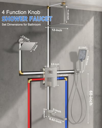 Woindo 4 Function Shower Faucet Set 12" Rain Shower Head/6'' Side Shower Head and 3 Setting Handheld Ceiling Mount Push Button Diverter Complete Rainfall Round Shower System Included Valve Trim Kit - color: Brushed Nickel, style: 4-Function-Ceiling