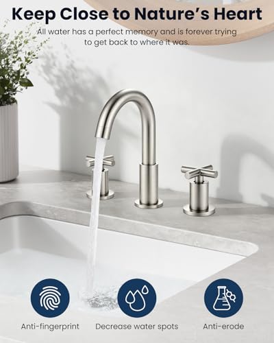 gotonovo 3 Hole Bathroom Faucet 8 inch Widespread Sink Vanity Faucet for Bathroom Sink 2 Cross Handle Deck Mount Basin with Pop Up Drain 360° Swivel Spout Brushed Nickel - color: Brushed Nickel